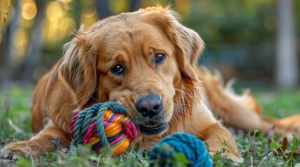 Golden retriever puppy sitting in the grass, looking happy and playful with toy , its look friendly and adorable characteristics 