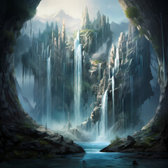 Waterfall cascading down a crystalline cliff.  - obrazy, fototapety, plakaty