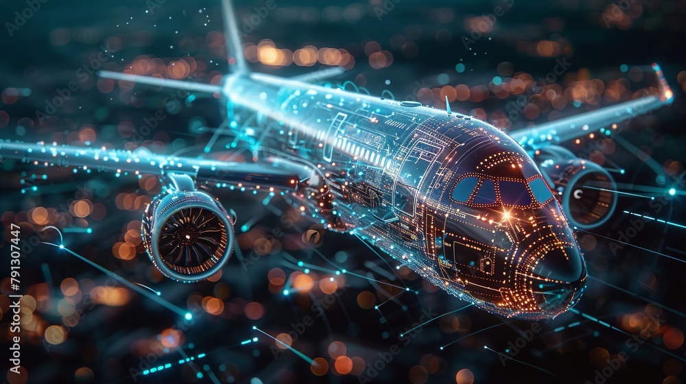 Poster a conceptual image of a transparent airplane overlaid with microchip patterns and digital data strea