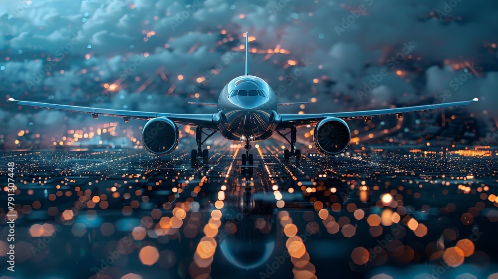 Poster advanced aviation technology visualized as an airplane merging with a dynamic microchip design, high