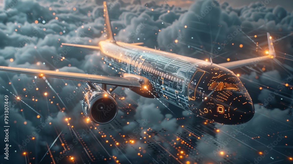 Poster advanced aviation technology visualized as an airplane merging with a dynamic microchip design, high