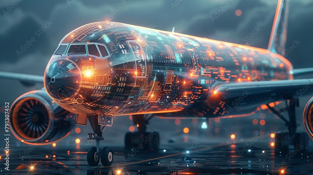 Poster a conceptual image of a transparent airplane overlaid with microchip patterns and digital data strea