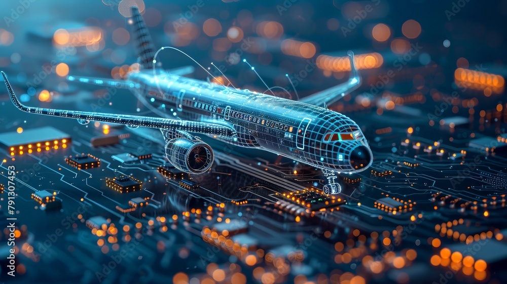 Poster advanced aviation technology visualized as an airplane merging with a dynamic microchip design, high