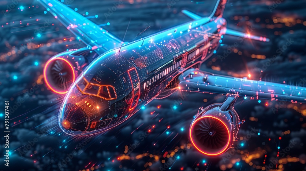 Poster high-tech image of a digital twin concept, featuring an airplane fused with microchip circuitry and 