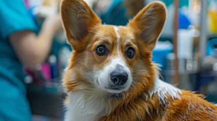 a close-up portrait of a Corgi with a mix of fur colors, including white and brown , showcasing its friendly and playful nature 
