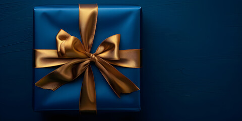 Elegant blue gift box with golden bow on a dark blue background, perfect for greeting cards for birthdays, Father's Day, or Mother's Day.