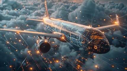 Advanced aviation technology visualized as an airplane merging with a dynamic microchip design, highlighting efficiency and innovation - obrazy, fototapety, plakaty