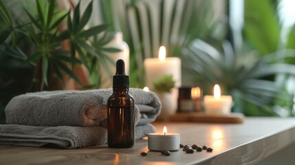 image also depicts a luxurious self-care scenario. Similar to the first, it includes a prominently displayed bottle of hemp seed oil, suggesting its importance in skin care.  