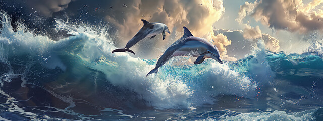 A playful dolphin leaps out of the blue ocean waves, wildlife animal concept.