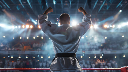 A karate athlete raises his arms proudly after becoming an Olympic competition champion, Ai Generated Images - Powered by Adobe