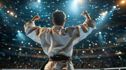 A karate athlete raises his arms proudly after becoming an Olympic competition champion, Ai Generated Images