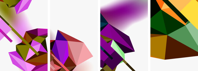 A vibrant collage featuring purple, magenta, and violet geometric shapes like rectangles, triangles, and petals on a white background, showcasing creative arts and tints and shades in art