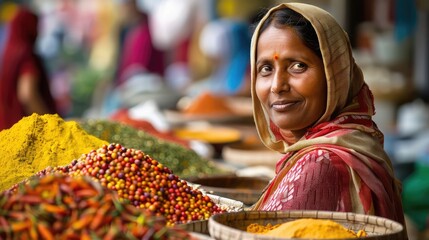 Young Indian woman vending spices at the market. - obrazy, fototapety, plakaty