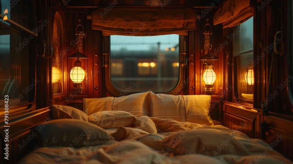 Aufkleber a dimly lit train car with the soft glow of lanterns and ling stars visible through the window creat