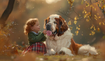 A cute little girl with Saint Bernard dog