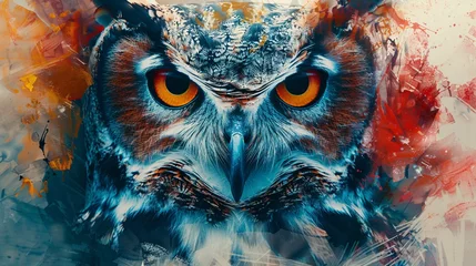 Fototapeten an abstract owl portrait infused with colorful double exposure paint © growth.ai