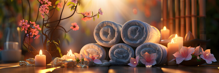 Body Massage Cover ,Beauty Spa Concept Massage Stones With Towels And Candles In Natural Background,Spa background with gray towel candle and zen stones
 - obrazy, fototapety, plakaty