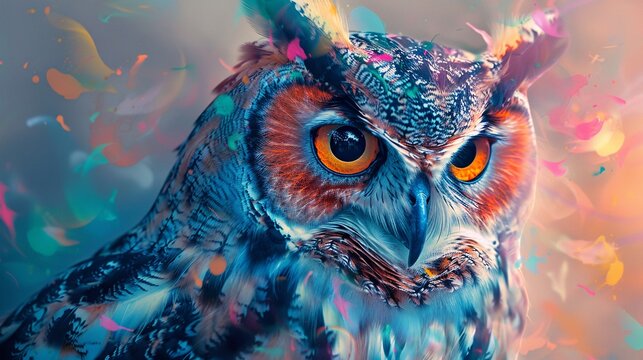 an abstract owl portrait infused with colorful double exposure paint