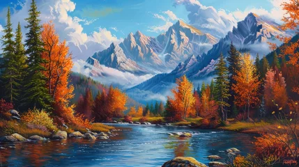 Raamstickers Vibrant fall mountains meadows and river © 2rogan