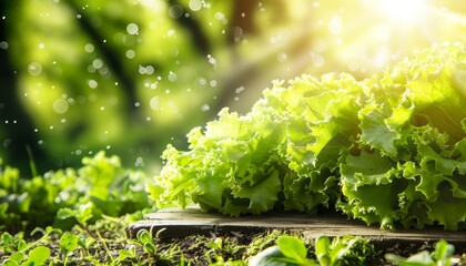 Fresh lettuce leaves on wooden board with panoramic view of vibrant summer garden
