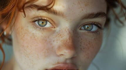 The freckles on her nose create a small but captivating constellation adding character and charm to her face. . - obrazy, fototapety, plakaty