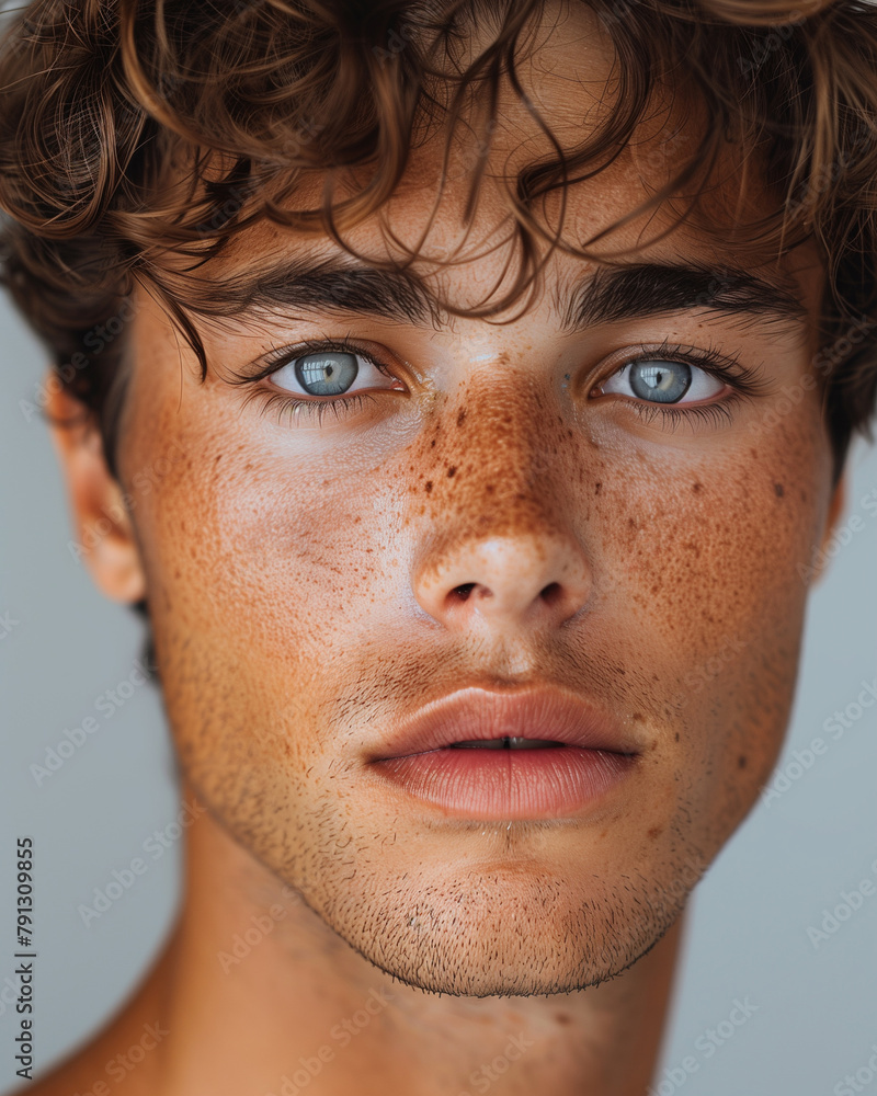 Poster Portrait of young beautiful man with perfect smooth skin, 3/4 portrait. Concept of natural beauty, cosmetology, cosmetics, skin care