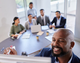 Business meeting, mature man and presentation with office team for creative, planning or solution discussion. Leadership, writing or group of people with support for manager with storyboard notes