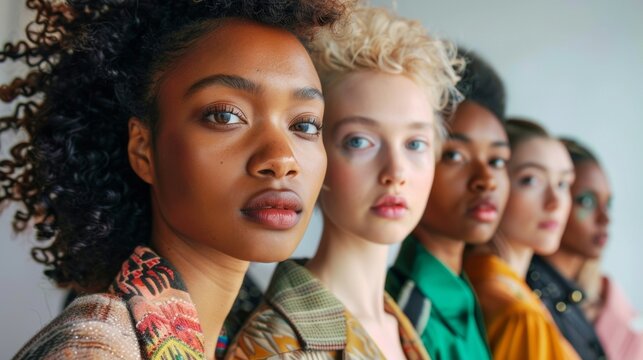 Closeup of a group of diverse models wearing ecofriendly clothing made from repurposed materials showcasing the inclusivity and intersectionality of cultural diversity in fashion. .