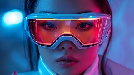 Futuristic portrait of an asian woman with glowing neon glasses and a serious expression illuminated in vibrant lights on a dark background. 
