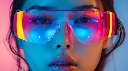 A portrait of a young woman wearing futuristic oversized sunglasses with neon reflections on a blue and pink gradient background.