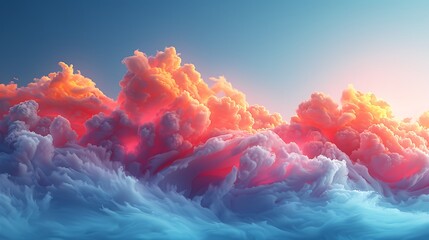 Vivid and surreal cloudscape with a vibrant gradient of blue to orange, evoking a dreamlike atmosphere suitable for creative backgrounds and designs.  - obrazy, fototapety, plakaty