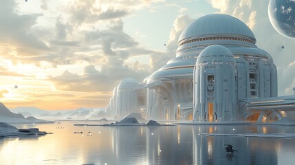 Futuristic city with domed buildings and water reflections under a serene sky at dusk.  - obrazy, fototapety, plakaty