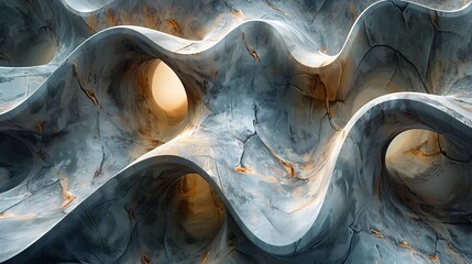 An abstract digital artwork featuring smooth undulating surfaces with warm illuminated accents designed to resemble natural rock formations or cave-like structures. - obrazy, fototapety, plakaty