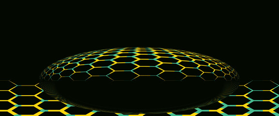 hexagonal roof structure green and yellow on black background as a stained glass window mosaic 