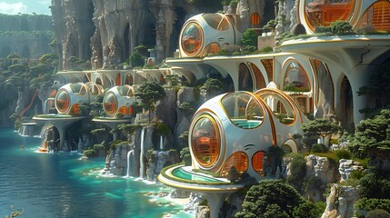 Futuristic cliffside city with dome structures and waterfalls under a clear sky. 