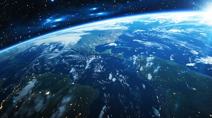 Fototapeta premium A breathtaking view of Earth from space showcasing continents, oceans, and the atmosphere under a starlit sky. 