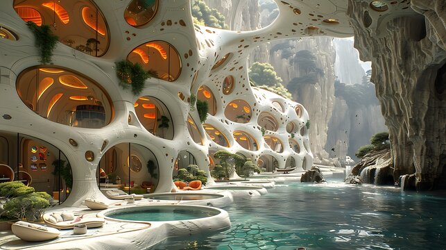 A futuristic organic architecture blends with a serene natural landscape, creating a utopian eco-friendly living space by the water. 