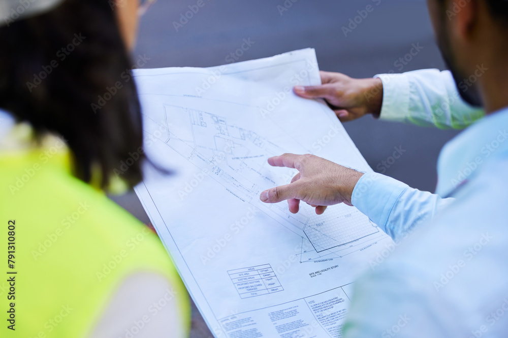 Aufkleber people, meeting and blueprint in hands for construction planning and project management logistics. a