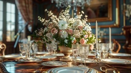 A table is set with a large vase of flowers and many glasses