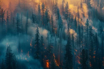 Foto op Canvas Wildforest fire burning forest trees eecological disaster smoke aerial view from helicopter danger death animals damage hazard blaze pollution tragedy © Yuliia