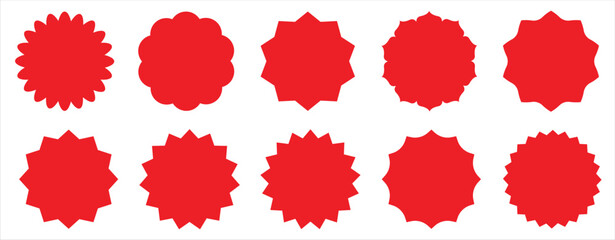 Set of red starburst. Price sticker, sale sticker, price tag, starburst, quality mark, retro stars, sale or discount sticker, sunburst badges, sun ray frames, promotional badge set, shopping labels

