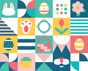 Vector modern Easter design with simple shapes. Icons with eggs, chicken, rabbit basket, flowers. Bauhaus style. Decorative pattern. 