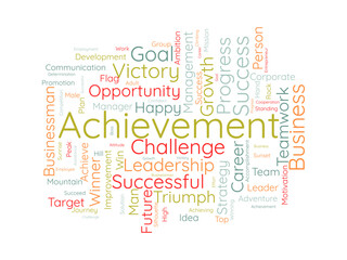 Achievement word cloud template. Business model concept vector background.