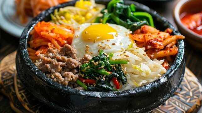Closeup of a vibrant and intricately arranged bibimbap a popular Korean dish with rice mixed vegetables and meat or tofu. .