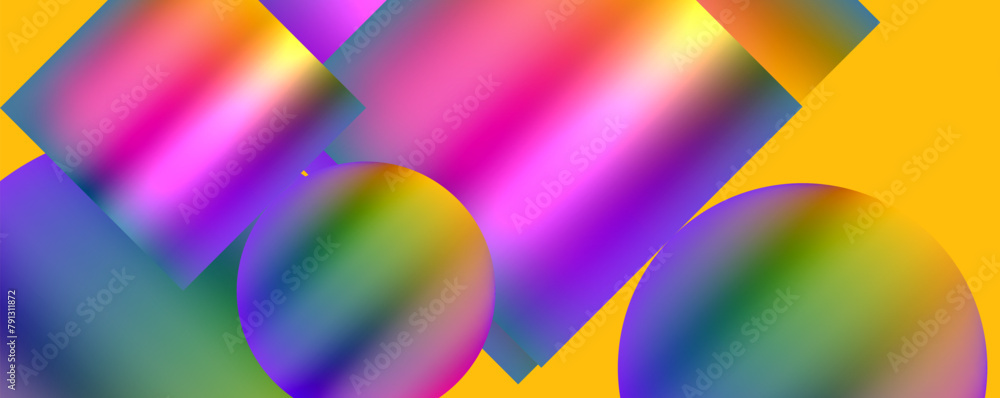 Poster a vibrant yellow background adorned with a symmetrical rainbow pattern of colored circles and square
