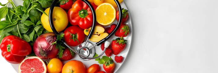 A variety of fresh fruits and vegetables are arranged on a wooden table ,This design is made for World Health Day

