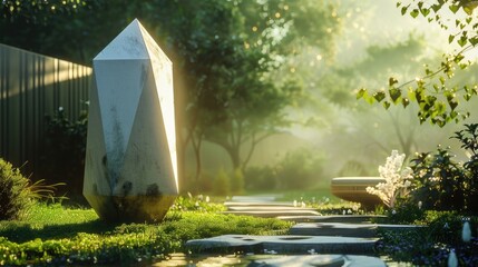 A striking geometric sculpture standing amidst a serene garden landscape, its clean lines and precise angles contrasting beautifully with the organic shapes of nature surrounding it.