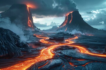 Hot molten lava streaming volcano eruption stream hot boiling magma venus other planet surface destruction flowing fire flame heat danger glowing cosmic - obrazy, fototapety, plakaty