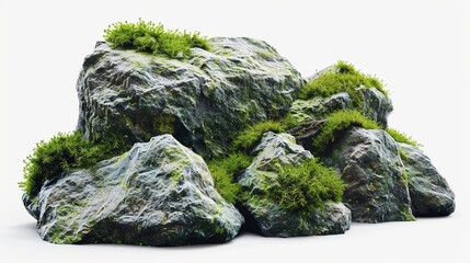 Rocks Covered by Moss Isolated on White Background. Stone Rock with Plant
