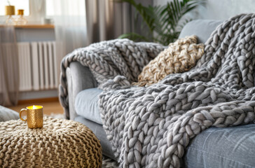 Sofa with a white and gold knitted blanket, grey sofa in a light gray room interior, golden accessories, modern home decor in the style of modern home decor